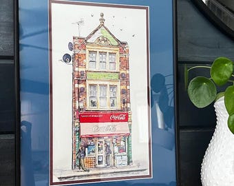 Tower Market - 7x12” Original Watercolor - urban street-vew scene in line and wash