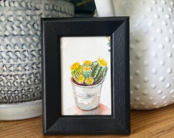 Bucket o cactus - 2x3 Framed Mini original watercolor in black frame