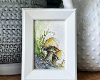 Yellow Mushrooms - 2x3 framed miniature watercolor original