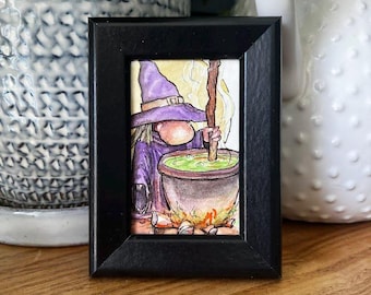 Nosy Witch - 2x3 Framed Mini original watercolor in a black frame