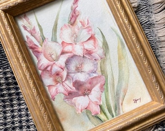 Vintage Gladiolus Watercolor Painting, August Birth Flower Art