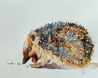 Happy Hedgehog - 6x7" original watercolor of a hungry little guy