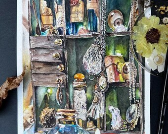 Spellcaster's Apothecary - 7x10" original watercolor magical apothecary shelf