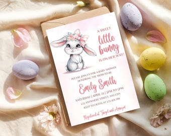Baby Shower Girl Invitation Template, Easter Bunny Baby Shower Invitation, Easter Baby Shower Girl Invite, Sweet Little Bunny Invite