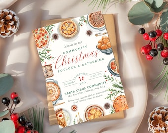 Christmas Potluck Invitation Template, Editable Holiday Dinner Party Invite, Church Christmas Potluck and Community Gathering Invitation