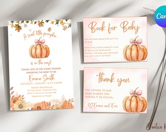 Editable Little Pumpkin Baby Shower Invitation Set, Autumn Baby Shower Invitation Set Template, Pumpkin Baby Shower Girl Invitation Template
