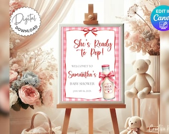 She’s Ready to Pop Baby Shower Welcome Sign Template, Cola Milk Baby Shower Decor, Soda Pop Baby Shower Sign, Red Gingham Baby Shower, Canva