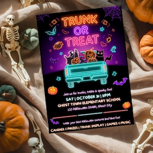 May include: A Halloween-themed flyer with the words "TRUNK OR TREAT" in neon colors. The flyer features a truck carrying pumpkins and cats, with bats and stars. The text invites people to a Halloween event at Ghost Town Elementary School.