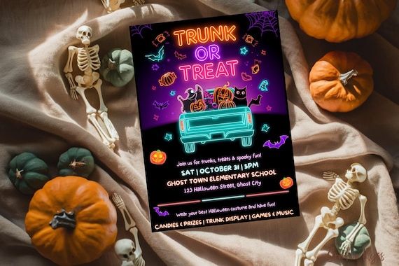 Neon Trunk or Treat Invitation Template, School Trunk or Treat Flyer Template, Halloween Trick or Treat Invite, Neon Halloween Party