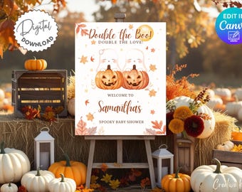 Double the Boo Baby Shower Welcome Sign Template, Twins Halloween Baby Shower Sign, Twin Ghost Fall Baby Shower, Twin Pumpkin Baby Shower