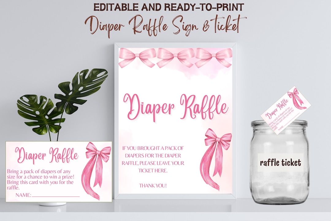 Pink Ribbon G Raffle Pink Bow Baby Shower Diaper Raffle Ticket and Sign, Girl Baby Shower ...