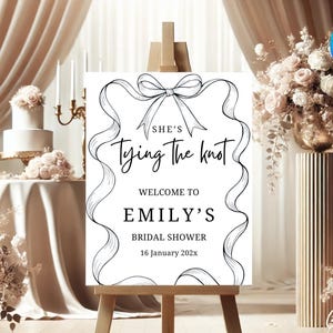 Minimalist Bridal Shower Welcome Sign Template, She&#39;s Tying the Knot Bridal Shower Welcome Sign, Minimalist Black and White Bow Bridal Sign