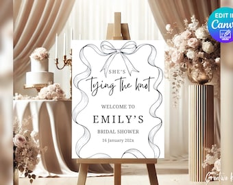 Minimalist Bridal Shower Welcome Sign Template, She's Tying the Knot Bridal Shower Welcome Sign, Minimalist Black and White Bow Bridal Sign