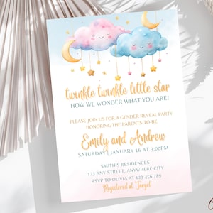 Little Star Gender Reveal Invitation Template, Twinkle Twinkle Little Star Party Invite , Moon and Gold Stars Theme, Blue Pink Cloud Invite