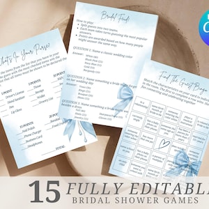 Editable Blue Bow Bridal Shower Games Bundle, She&#39;s Tying The Knot Bridal Shower Games Template, Something Blue Bridal Shower Games Bundle