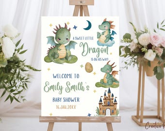 Dragon Baby Shower Welcome Sign Template, A Little Dragon Baby Shower Welcome Sign, Baby Boy Dragon Welcome Sign Template, Cute Dragon Sign