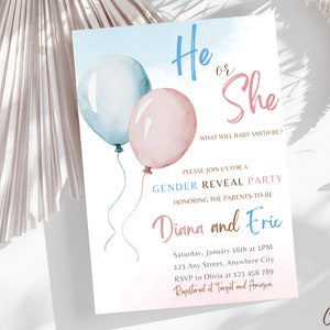 Ballon Gender Reveal Einladungsvorlage, Minimalist Gender Reveal Invite, Ballons Gender Reveal Invite, Er oder She Gender Reveal Invite