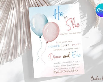 Balloon Gender Reveal Invitation Template, Minimalist Gender Reveal Invite, Balloons Gender Reveal Invite, He or She Gender Reveal Invite