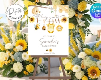 A Little Honey Is On The Way Baby Shower Welcome Sign, Bee Baby Shower Welcome Sign, Bee Clothesline Shower Sign, Summer Baby Shower Decor
