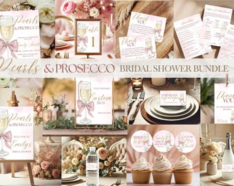Pearls and Prosecco Bridal Shower Bundle Template, Pink Pearls and Prosecco Bridal Shower Invitation, Pink Bow Bridal Shower Decor Bundle