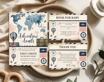 Travel Baby Shower Invitation Set Template, Adventure Awaits Baby Shower Cards, Adventure Baby Shower Invite Set, Passport Baby Shower