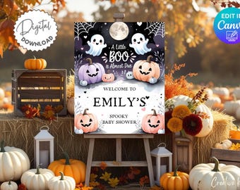 Ein kleiner Boo-Babyparty-Willkommensschild-Vorlage, Halloween-Babyparty-Willkommensschild, niedliches Geist-Babypartyschild, Kürbis-Babypartyschild