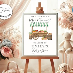Lokal gewachsene Babyparty Willkommensschild-Vorlage, Bauernmarkt-Babyparty-Schild, Obst und Gemüse-Babyparty-Willkommensschild bearbeitbar