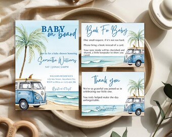 Plantilla de invitación para baby shower "Bebé a bordo", paquete de invitaciones para baby shower de verano, set de baby shower con tabla de surf, baby shower con tema de playa de surf