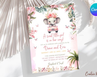 Editable Elephant Baby Shower Invitation, Baby Girl Elephant Invitation, Safari Animal Baby Girl Invite, Baby Shower Elephant Theme Invite