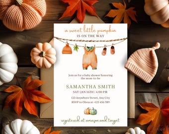 A Sweet Little Pumpkin Baby Shower Invitation Template, Fall Clothesline Baby Shower Invitation, Pumpkin Baby Shower, Fall Baby Boy Shower