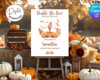 Double the Boo Baby Shower Welcome Sign Template, Twins Halloween Baby Shower Decor, Cute Ghost Fall Baby Shower, Twin Pumpkin Baby Shower
