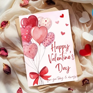 Tarjeta de San Valentín editable para ella, tarjeta de San Valentín imprimible para ella, tarjeta de felicitación de San Valentín con globos, tarjeta de descarga digital