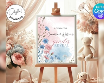 Modèle de panneau de bienvenue de révélation de sexe de fleurs sauvages, panneau de bienvenue de révélation de sexe de printemps, décor de révélation de sexe de lui ou elle, aquarelle rose ou bleue