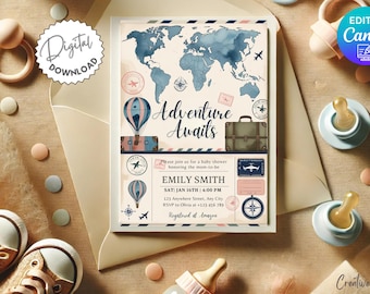 Szablon zaproszenia na baby shower z motywem podróży, zaproszenie na baby shower z motywem przygody, zaproszenie na baby shower z motywem przygody, zaproszenie na baby shower z motywem paszportu