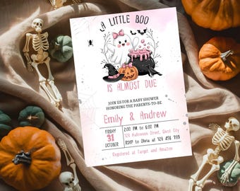 Halloween Baby Shower Invitation Template, A Little Boo Girl Baby Shower Invite, Cute Ghost Baby Shower Invite, Pink Halloween Baby Shower
