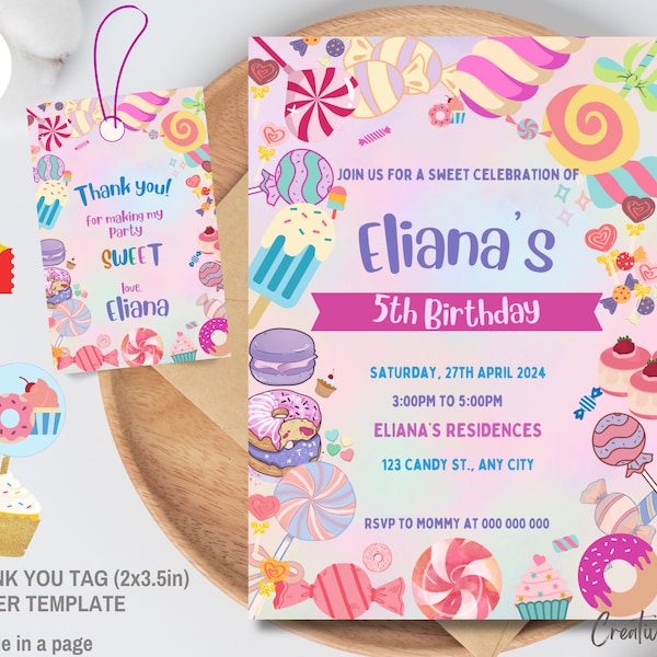 Candyland Theme Birthday Party Invitation - Editable with Thank You Tag, Sweet Treats Desserts Invite, Candyland Candy Party