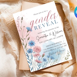 Plantilla de invitación para revelar el género de flores silvestres, invitación para revelar el género de primavera, invitación para revelar el género de él o ella, acuarela rosa o azul