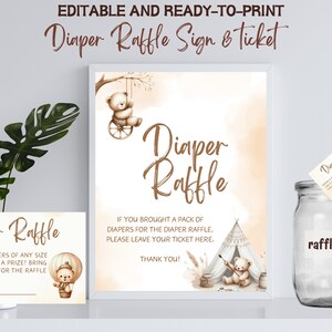 Boleto y letrero para rifa de pañales de baby shower de oso boho, letrero y boleto para rifa de pañales de baby shower de oso pardo, decoración de baby shower de género neutro
