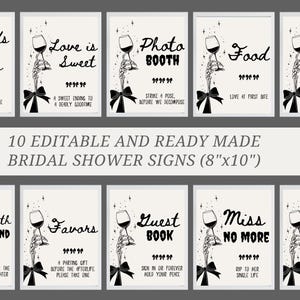 May include: Ten editable bridal shower signs, each with a unique phrase and design. The signs feature a skeleton hand holding a wine glass, a black bow, and text such as "Cards and Gifts" and "Photo Booth."