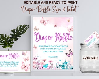 Vlinder babyshower luierloterijspel, bordje wilde bloemen babyshower luierloterij, bordje en kaartje vlinderluier loterij