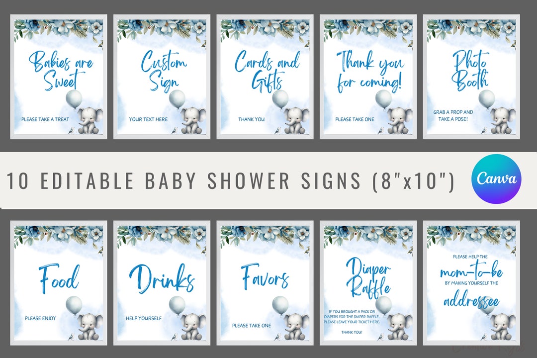 Blue Elephant Sign Editable Elephant Baby Shower Custom Sign Template, Baby Boy Elephant ...