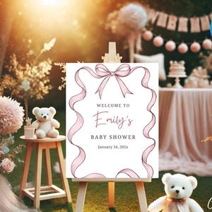 Minimalist Pink Bow Baby Shower Welcome Sign Template, Pink Ribbon Baby Shower, Girl Baby Shower Welcome Sign, Pink Coquette Baby Shower