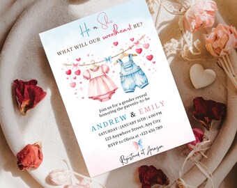Valentines Gender Reveal Invitation Template, Pink and Blue Clothesline Baby Outfit Invite, He or She Sweetheart Reveal, Editable Canva