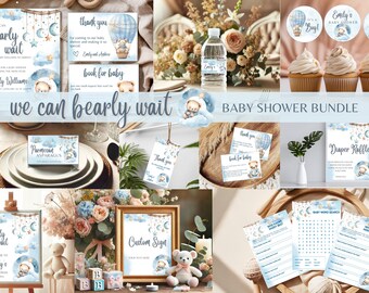 Blue Bear Baby Shower Bundle, Baby Boy Bear Shower Bundle, We Can Bearly Wait Baby Shower Set, Stars and Moon Baby Boy Shower Decor