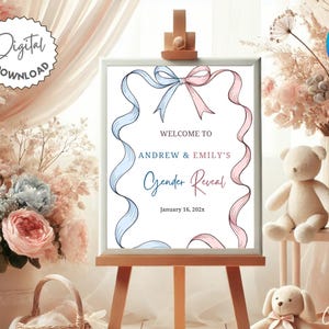 Bow Gender Reveal Welcome Sign Template, Minimalist Bow Gender Reveal Decor, Coquette Gender Reveal Sign, Pink and Blue Ribbon Gender Reveal
