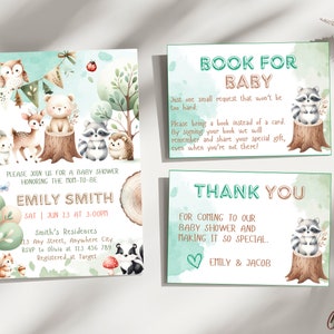 Modèle d'ensemble d'invitations pour baby shower des bois, ensemble d'invitations animaux de la forêt neutres en matière de genre, ensemble d'invitations sur le thème de la forêt, animaux de la forêt