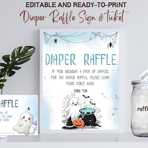 Halloween Baby Shower Diaper Raffle Sign Template, A Little Boo Boy Baby Shower Diaper Raffle Ticket, Cute Ghost Shower Diaper Raffle Sign