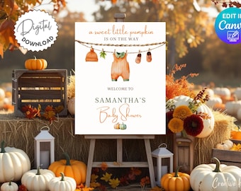 Modèle de plaque de bienvenue une douce petite citrouille pour baby shower, corde à linge automne plaque de bienvenue pour baby shower, décoration de douche de bébé garçon citrouille