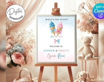 Puede incluir: Un caballete de madera muestra un letrero con el texto "WHAT'S THE SCOOP?" y "HE or SHE" encima de conos de helado. El letrero da la bienvenida a la revelación de género de Andrew y Emily. Descarga digital.