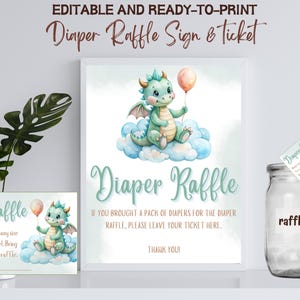 Plantilla para cartel de rifa de pañales para baby shower con diseño de dragón, boleto de rifa de pañales para baby shower con un adorable dragón, juego de rifa de pañales para bebé niño